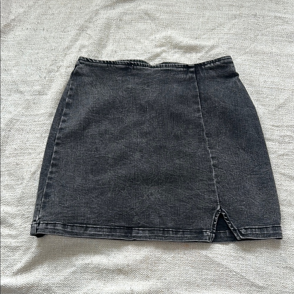 Distressed denim black mini skirt